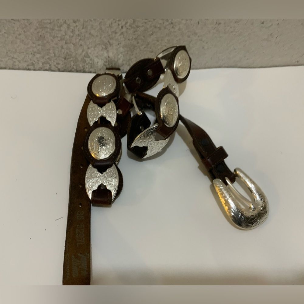 Vintage Tony Lama Western USA Brown Leather Silver Conchos Belt Women's Size 36 - Picture 1 of 7